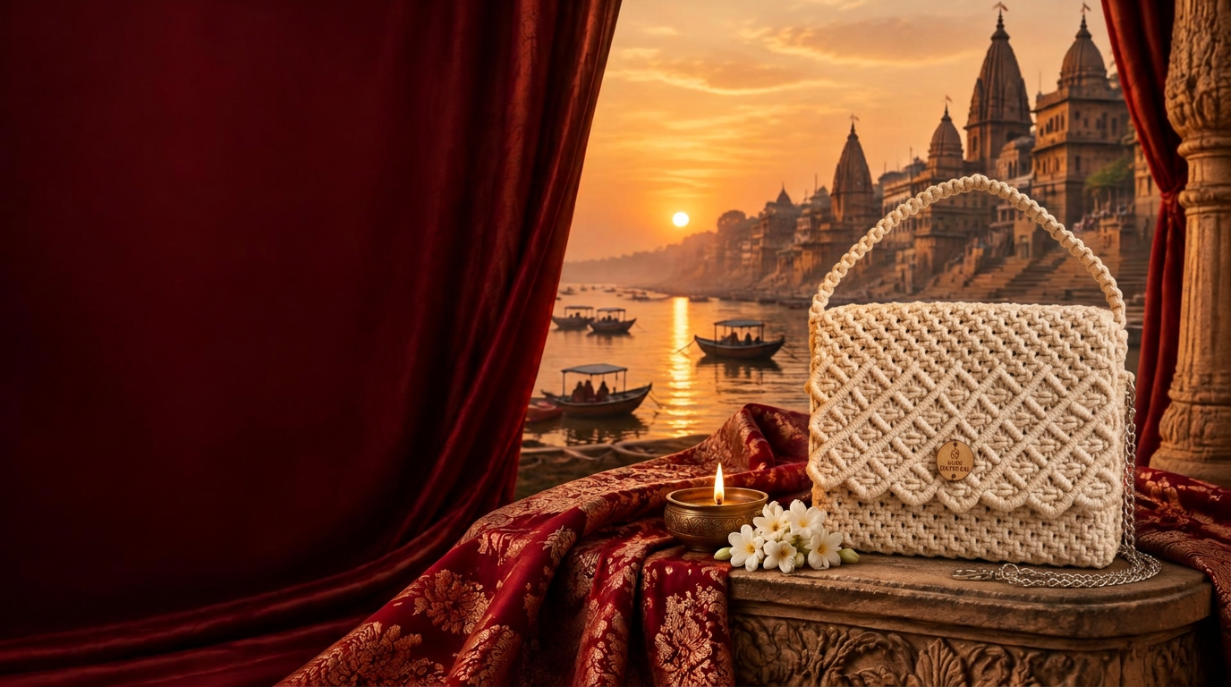 Hand-knotted macrame handbag overlooking the Varanasi ghats at sunset